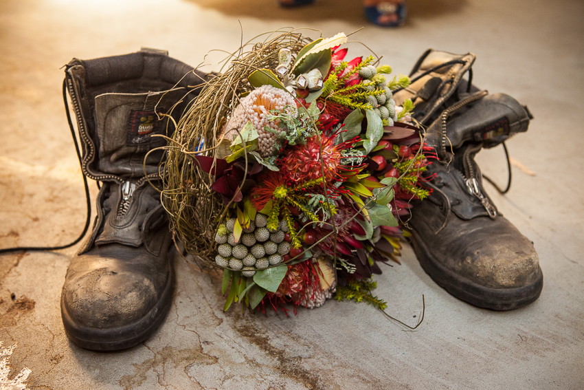 Bridal Bouquet with fire fighting boots 